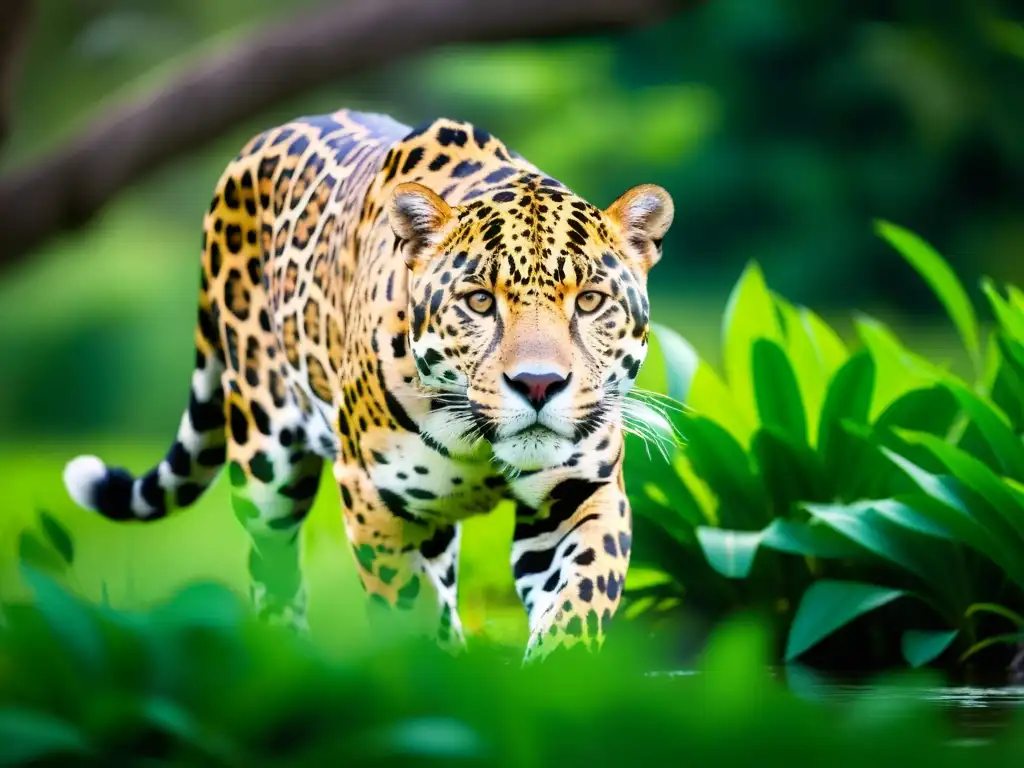 Un jaguar majestuoso se desliza entre la exuberante vegetación del Pantanal, resaltando la importancia de la conservación del jaguar en el Pantanal