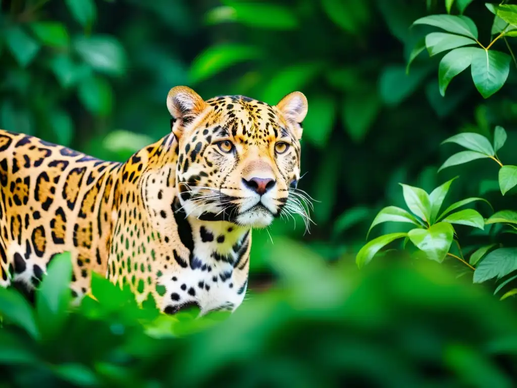 Un jaguar sigiloso emerge de la exuberante jungla, mostrando su elegante pelaje dorado salpicado de rosetas negras