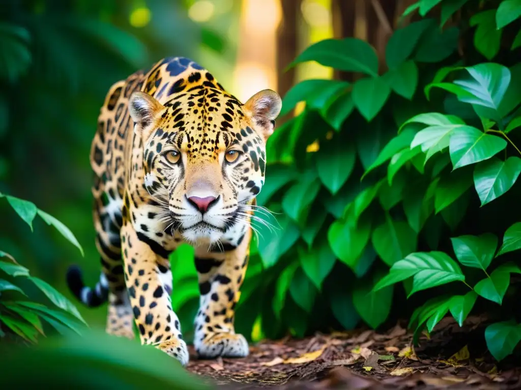 Un jaguar sigiloso fotografiado con fototrampeo para observar fauna silvestre en la densa selva, mostrando su impresionante pelaje y mirada intensa