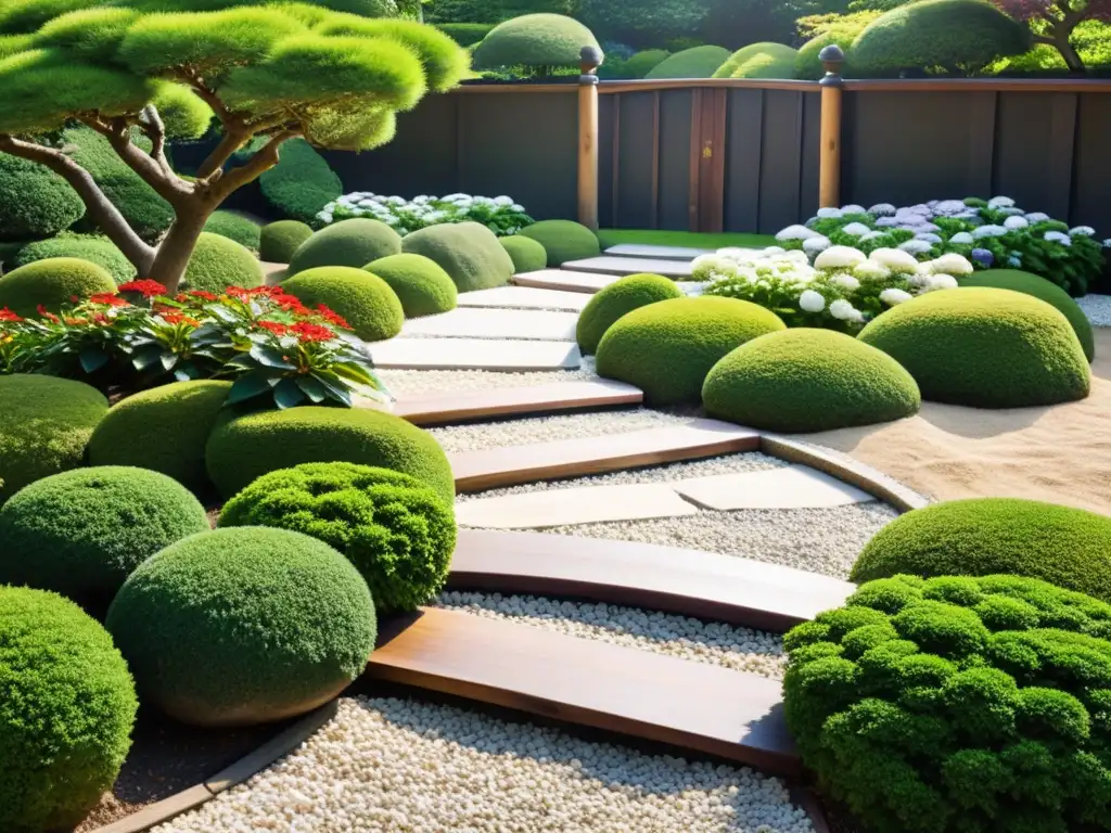 Un jardín japonés perfectamente simétrico con rocas, grava blanca cuidadosamente rastrillada, vegetación exuberante y flores coloridas