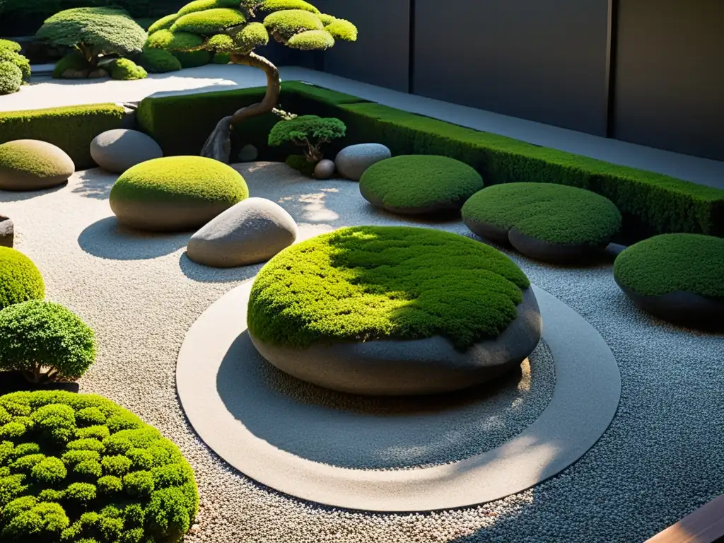 Un jardín japonés sereno con diseño paisajístico ecológico minimalista, destacando la armonía y la elegancia atemporal