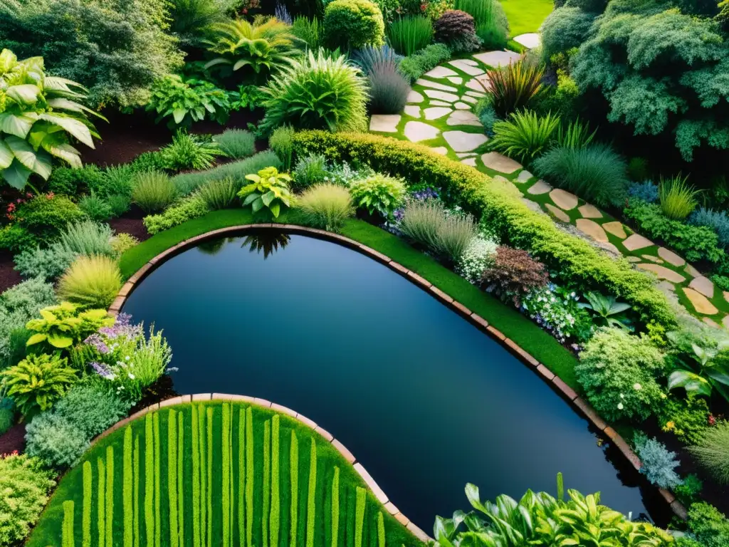 Un jardín exuberante y armonioso, con especies nativas, senderos de piedra y elementos acuáticos para promover el equilibrio ecológico en jardines