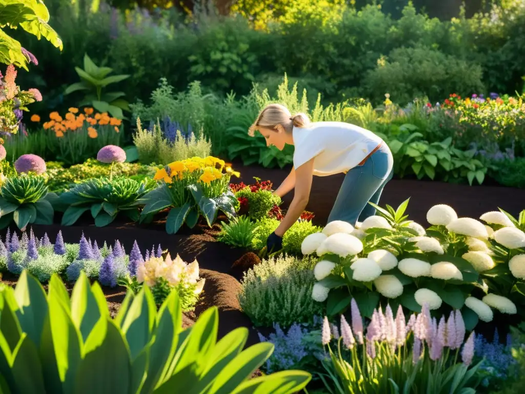 Un jardín exuberante bañado por cálida luz dorada, donde un jardinero aplica abono orgánico para nutrir el suelo y las plantas