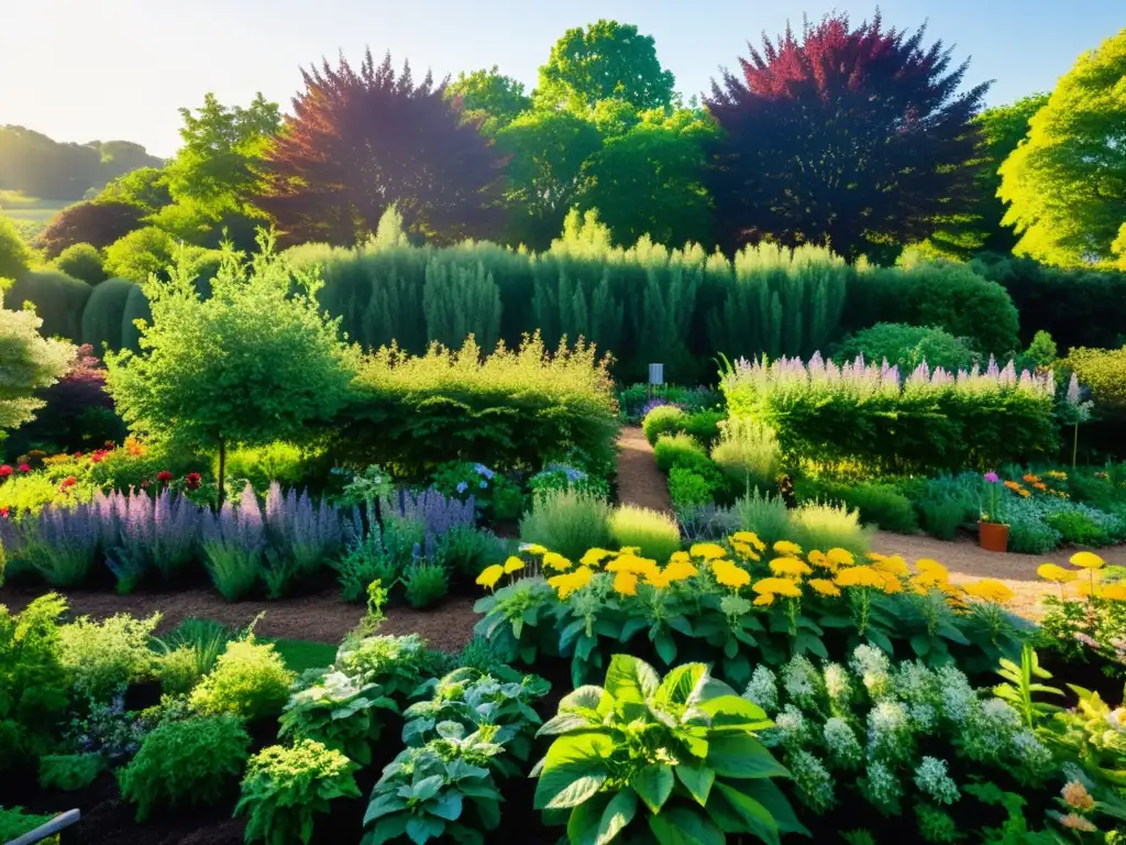 Un jardín exuberante y diverso de plantas comestibles, bañado por el sol