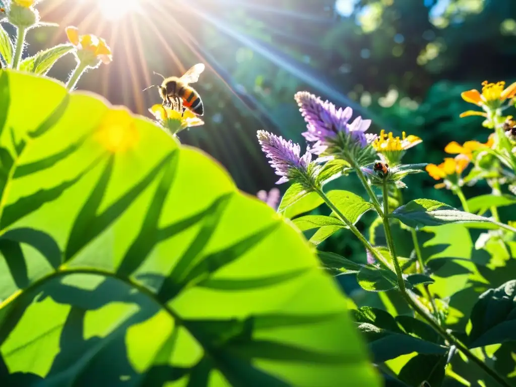 Un jardín exuberante rebosante de vida natural, con insectos y mariposas revoloteando entre las plantas