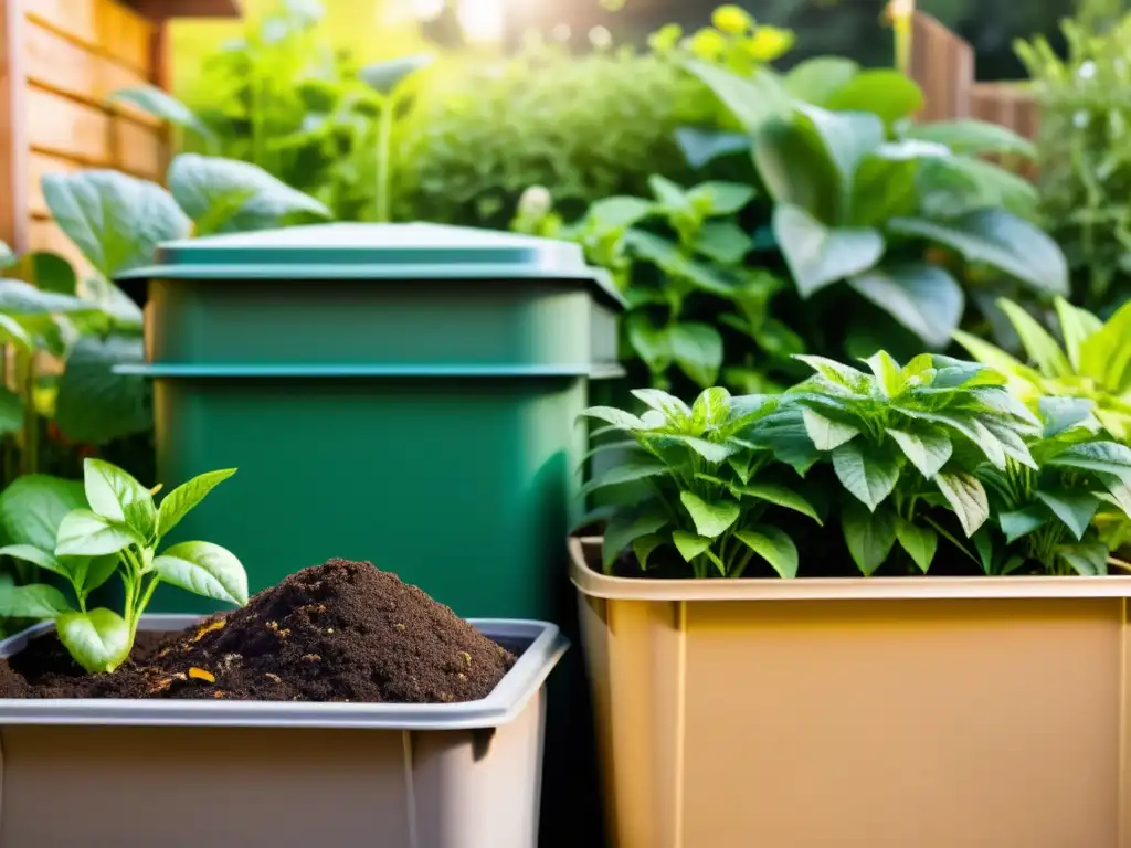 Un jardín exuberante y sostenible, con un compostaje en casa de desechos orgánicos