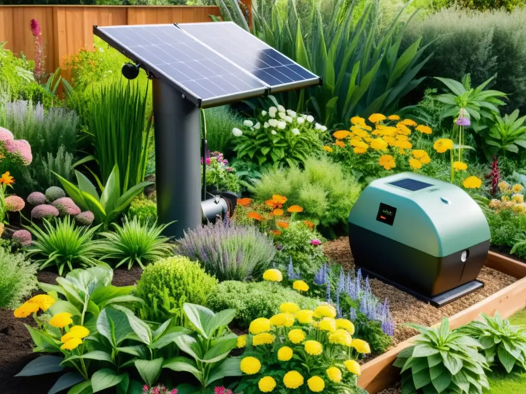 Un jardín exuberante y sostenible con equipamiento ecológico, muestra la belleza y practicidad de la jardinería sostenible