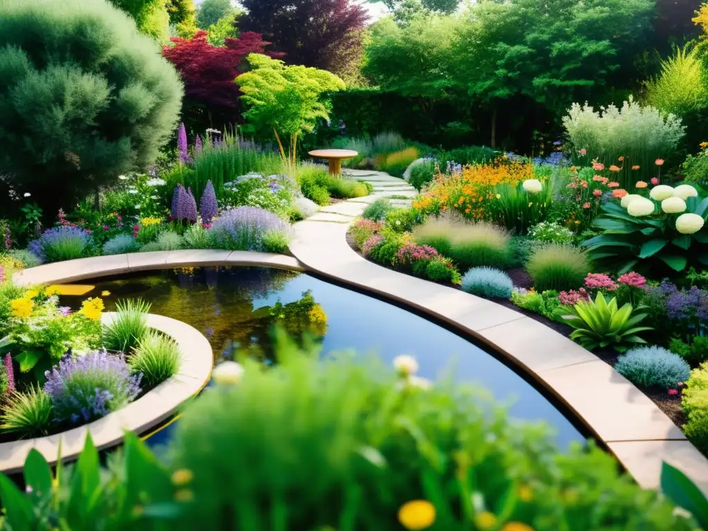 Un jardín exuberante y sostenible con plantas nativas y flores vibrantes