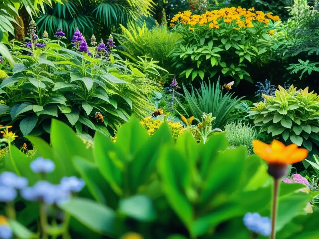 Un jardín exuberante y vibrante con diversidad de plantas y polinizadores, evocando la restauración de hábitats mediante jardinería