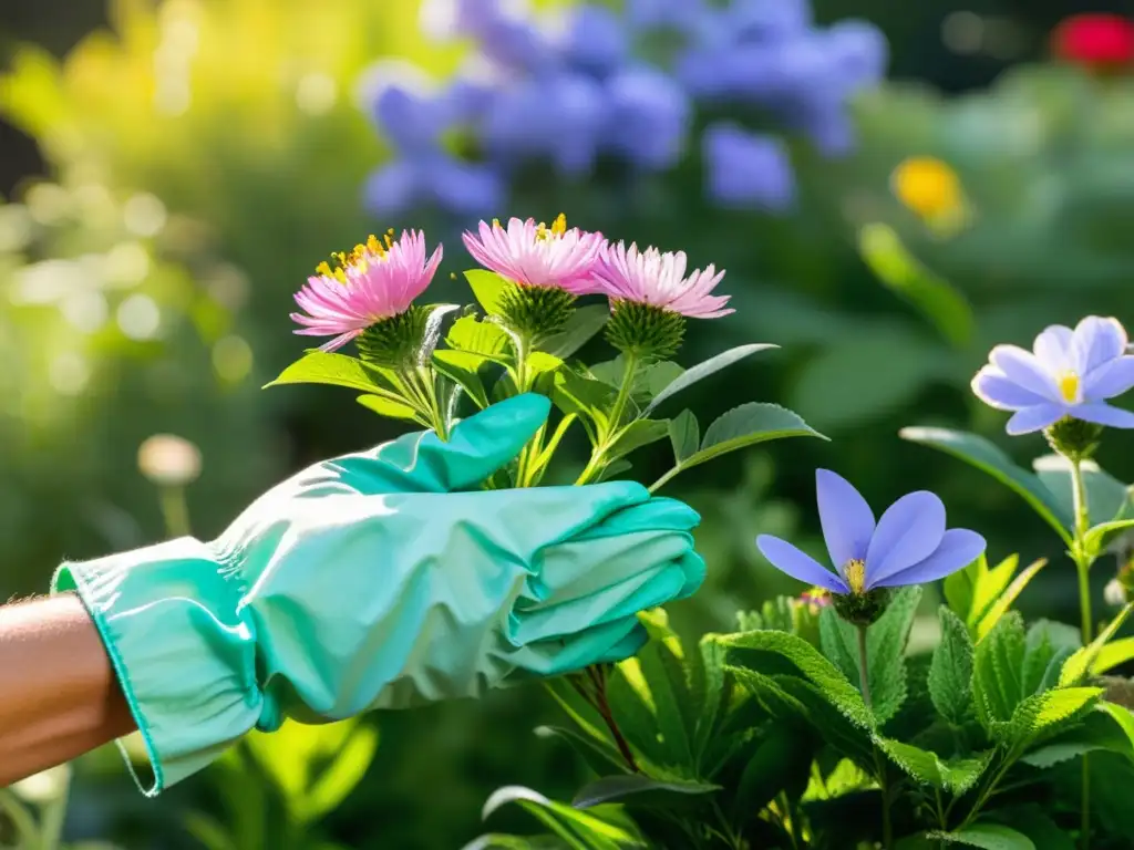 Un jardín exuberante y vibrante, donde se controlan especies invasoras en paisajismo