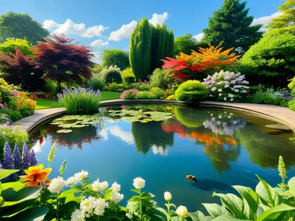 Un jardín exuberante y vibrante, con flores coloridas y una atmósfera de paz