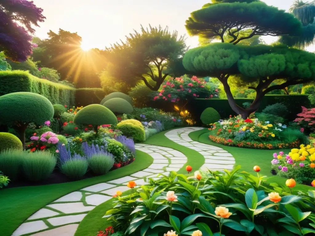 Un jardín exuberante y vibrante con flores coloridas, follaje verde y senderos serpenteantes, todo armonizado según el Feng Shui