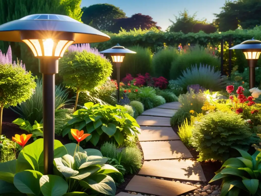 Un jardín exuberante y vibrante iluminado con energía solar, resaltando la belleza natural