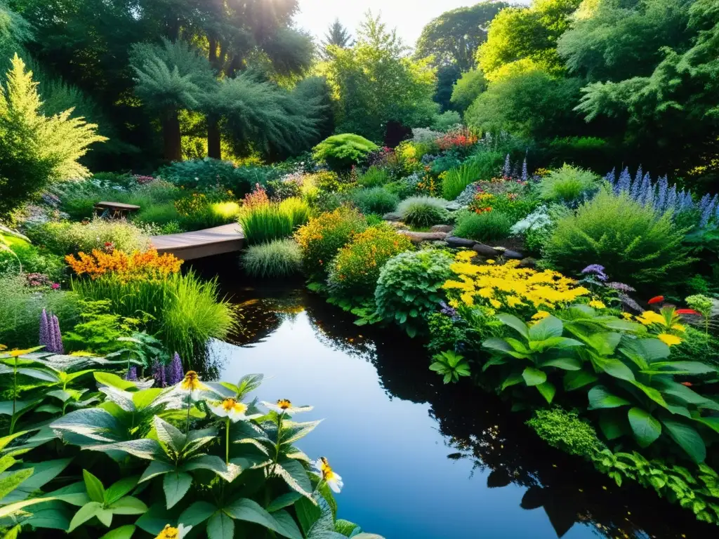 Un jardín exuberante y vibrante, lleno de plantas y flores nativas, habitado por abejas y mariposas