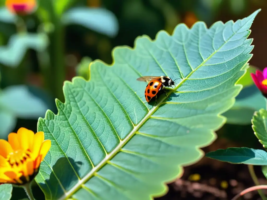 Un jardín exuberante y vibrante, lleno de plantas y flores, bañado por la luz del sol con insectos polinizando