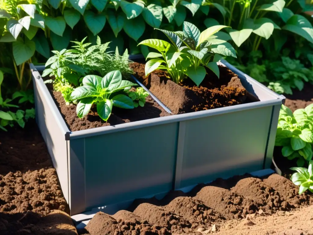 Un jardín exuberante y vibrante, nutrido con abono orgánico para nutrir jardín, con tierra oscura y plantas prósperas bajo la luz del sol