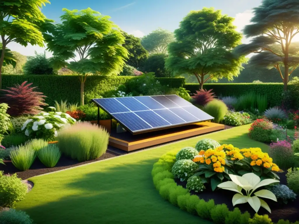 Un jardín exuberante y vibrante con paneles solares integrados, simbolizando la armonía entre energía renovable y belleza natural