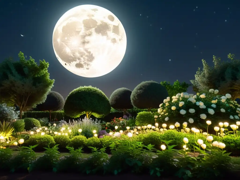 Un jardín iluminado por la suave luz de la luna llena