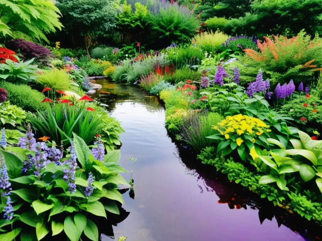 Jardín de lluvia exuberante: conservación natural del agua Un jardín de lluvia exuberante y vibrante con una diversidad de plantas nativas, colores y agua brillante