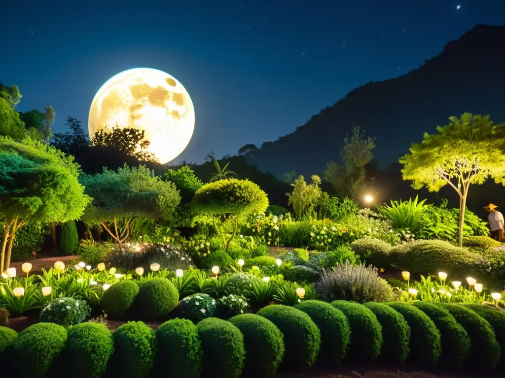 Un jardín nocturno iluminado por la luna llena, con biodiversidad de plantas