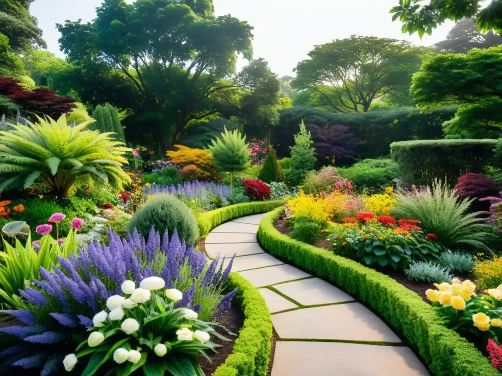 Un jardín sensorial rebosante de flores coloridas, senderos sinuosos y texturas diversas