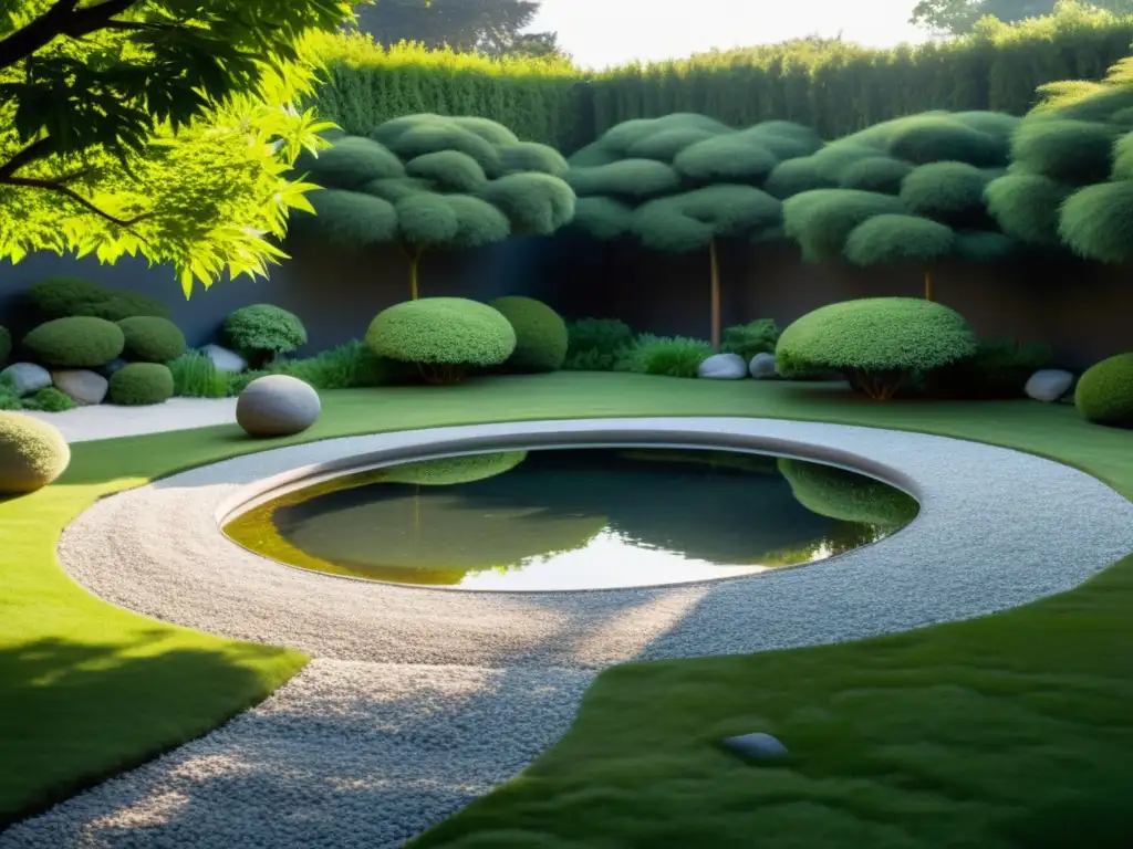 Un jardín sereno y minimalista con rocas, senderos de grava y un pequeño estanque que refleja la vegetación circundante