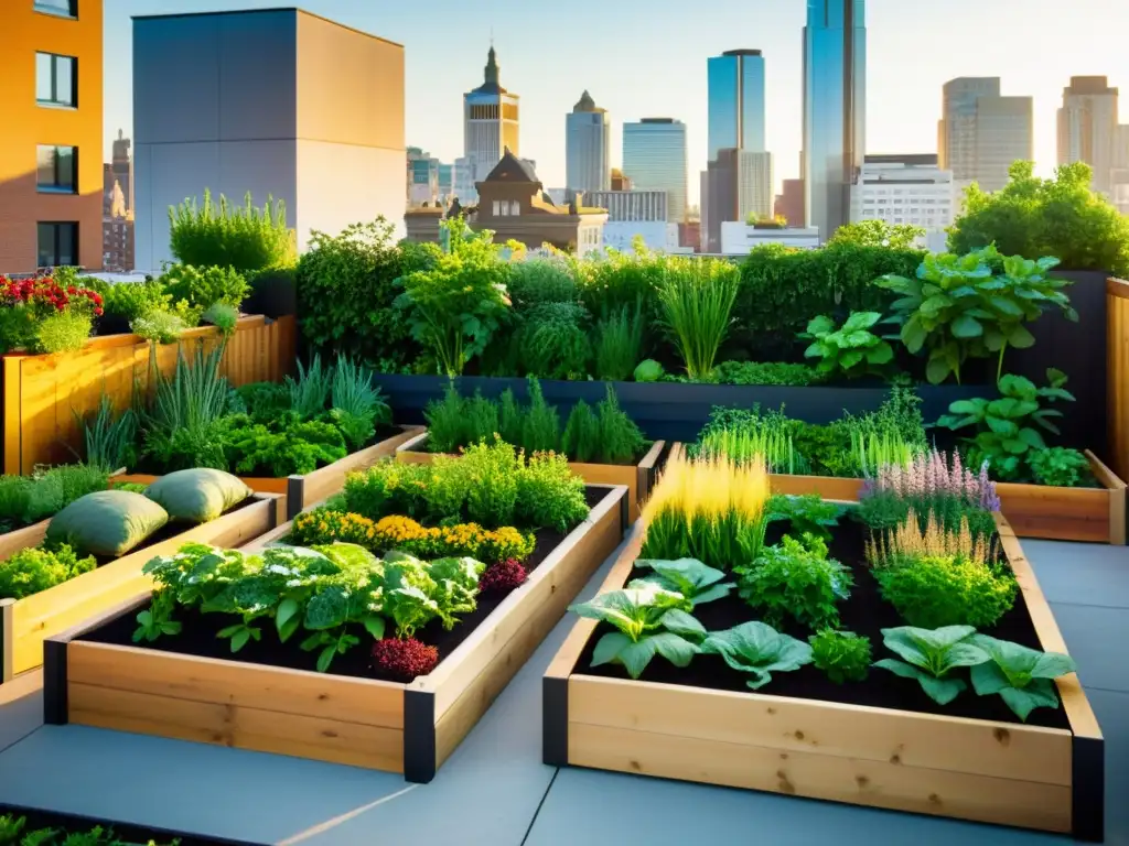 Un jardín urbano en un espacio pequeño rebosante de vegetales orgánicos y hierbas, irradiando vitalidad y sostenibilidad