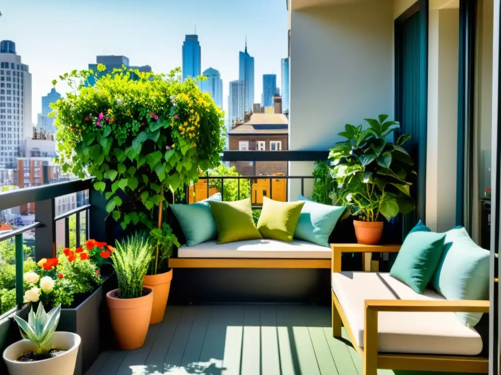 Jardinería en balcones pequeños: Un oasis natural en un balcón urbano, lleno de plantas exuberantes y coloridas flores, con la ciudad de fondo