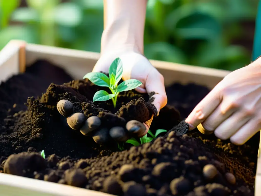 Un jardinero mezcla abono orgánico para nutrir jardín, creando contraste y resaltando la dedicación y los resultados