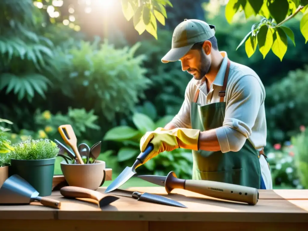 Un jardinero inspecciona con cuidado el equipamiento sostenible para jardinería ecológica bajo la cálida luz del sol en un jardín exuberante