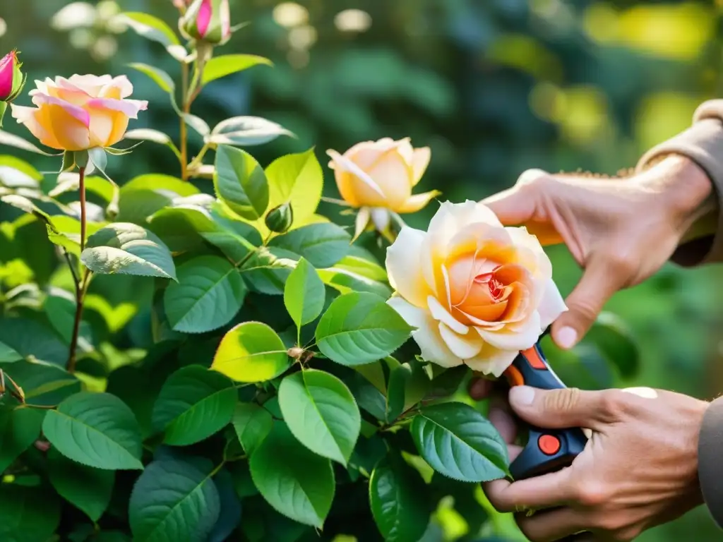 Un jardinero poda con cuidado un rosal en un jardín exuberante, destacando técnicas de poda respetuosas con el medio ambiente