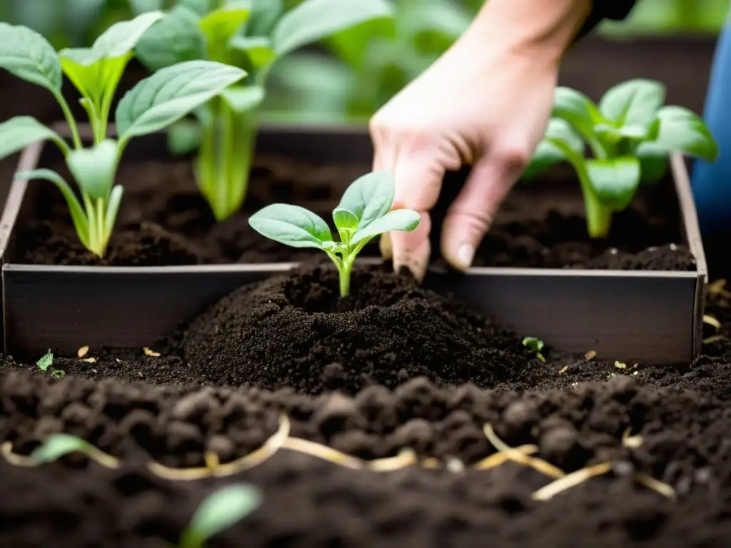 Un jardinero cuidadoso planta una plántula en un huerto urbano