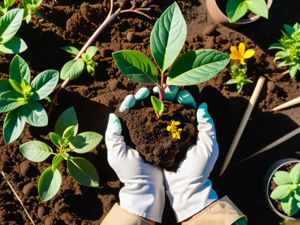 Un jardinero enfocado planta con cuidado un árbol nativo en tierra oscura y rica, rodeado de vida