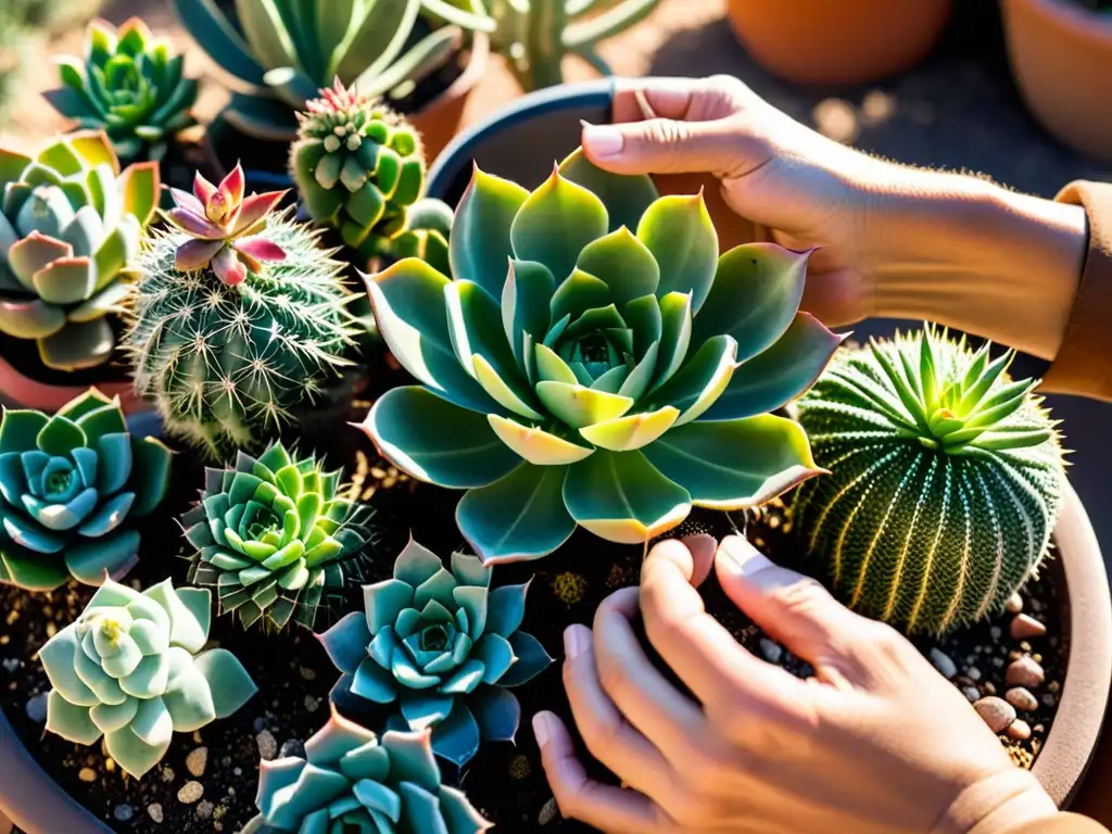 Un jardinero experto cuida con amor su jardín xeriscape, mostrando la belleza y resistencia de las plantas