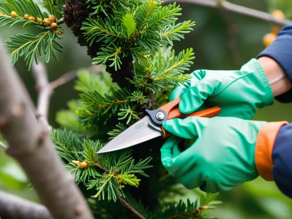 Un jardinero experto poda un árbol con cuidado y destreza, demostrando técnicas de poda respetuosas medio ambiente