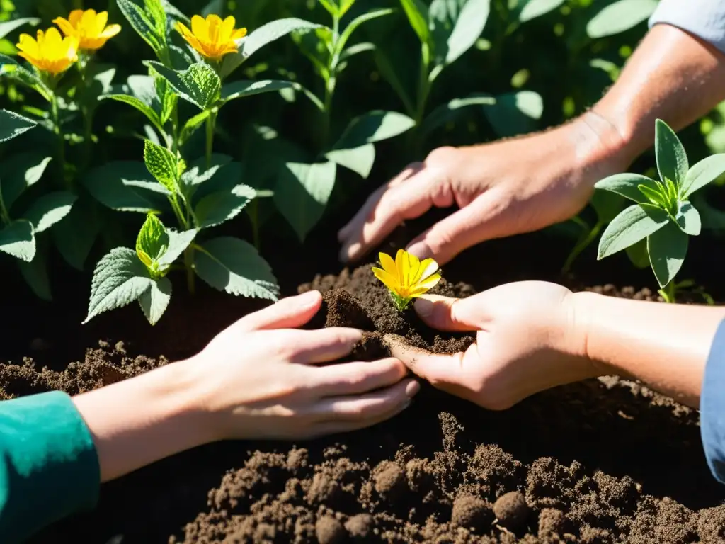 Un jardinero planta flores silvestres en un jardín exuberante