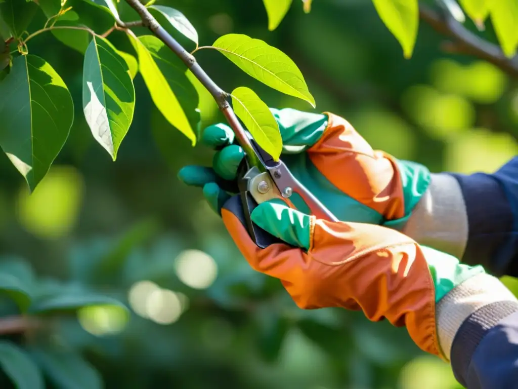 Un jardinero con guantes podando una rama con técnicas de poda respetuosas medio ambiente