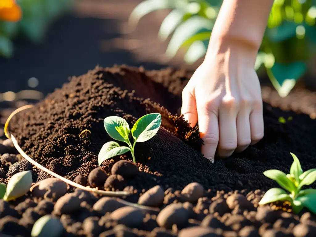 Un jardinero esparciendo cuidadosamente el mulch oscuro alrededor de un vibrante lecho de flores, mostrando los beneficios del mulching en jardinería