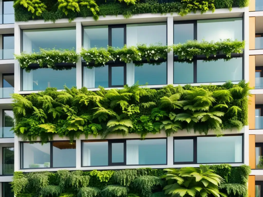 Integrando jardines en edificios: Moderno edificio urbano con jardines verdes integrados en sus muros y techos, fusionando arquitectura y naturaleza