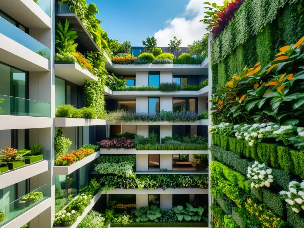 Integrando jardines en edificios: Un oasis urbano con jardines verticales y de tejado llenos de vida vegetal vibrante