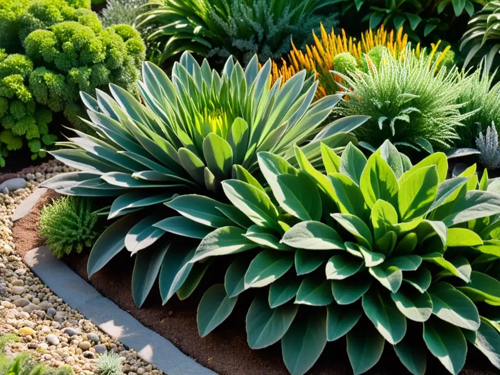 Jardines sensoriales para estimular sentidos: Imagen de un exuberante lecho de jardín con plantas texturizadas y sendero de piedra