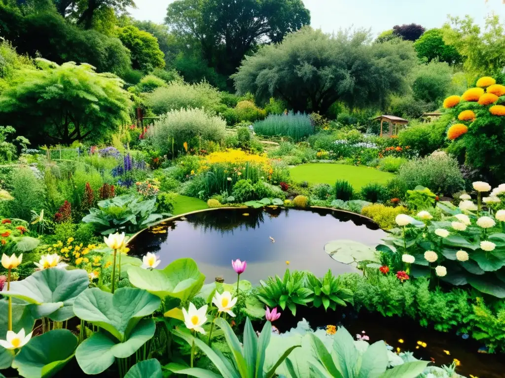 Jardines sostenibles permacultura: Huerto diverso con vegetales vibrantes, estanque, árboles frutales, flores nativas, abejas y mariposas