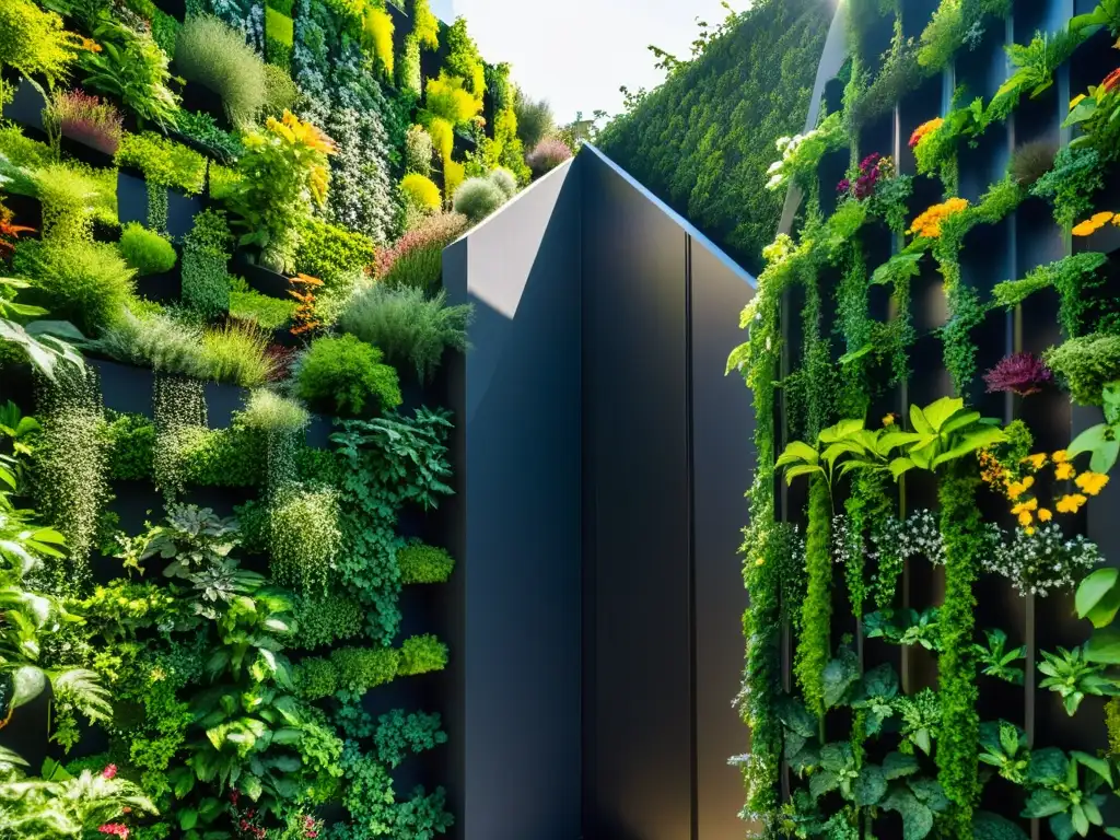 Jardines verticales ecosistemas urbanos: un vibrante jardín vertical en la ciudad, un oasis de naturaleza en medio del entorno urbano