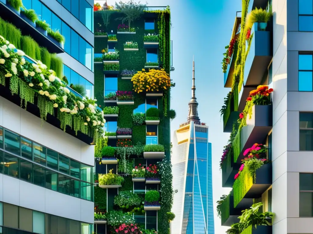 Jardines verticales ecosistemas urbanos: Impresionante fotografía de un jardín vertical integrado en un rascacielos, armonizando naturaleza y ciudad