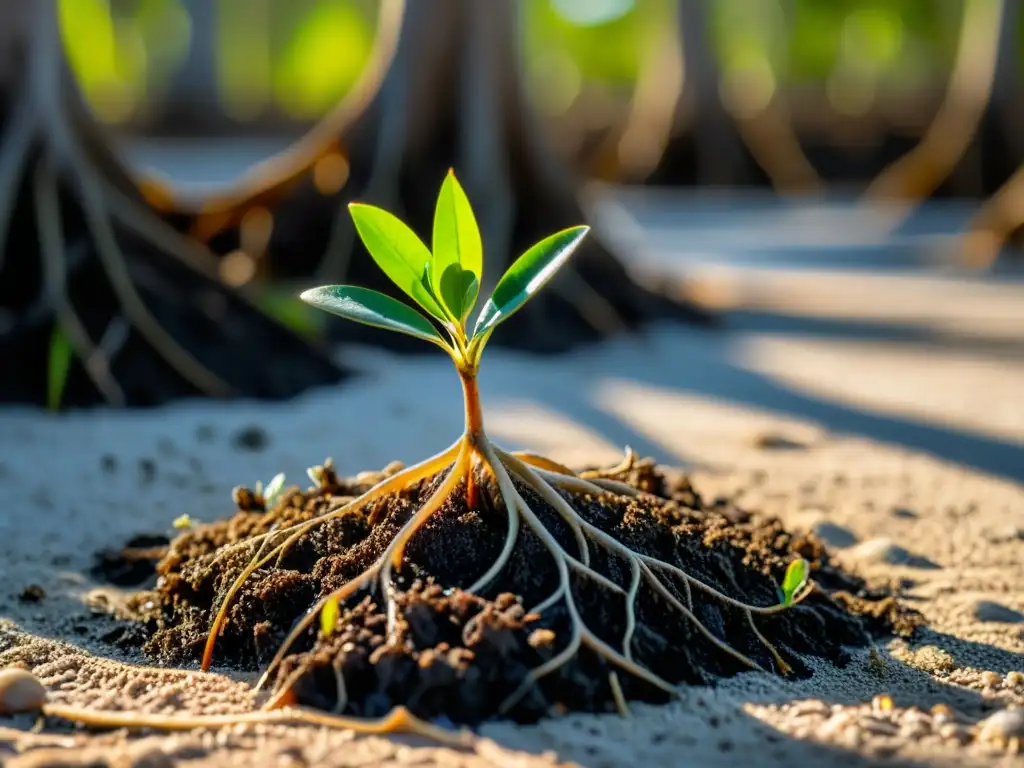 Joven planta de mangle en el fango nutriente de los Everglades, mostrando su red de raíces en un ecosistema frágil y resiliente en Florida