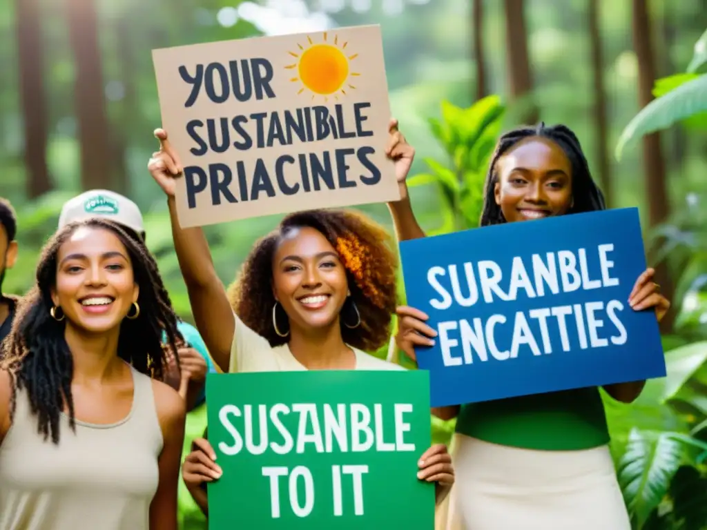 Jóvenes activistas ambientales unidos en protesta pacífica, rodeados de naturaleza exuberante, expresando determinación y pasión