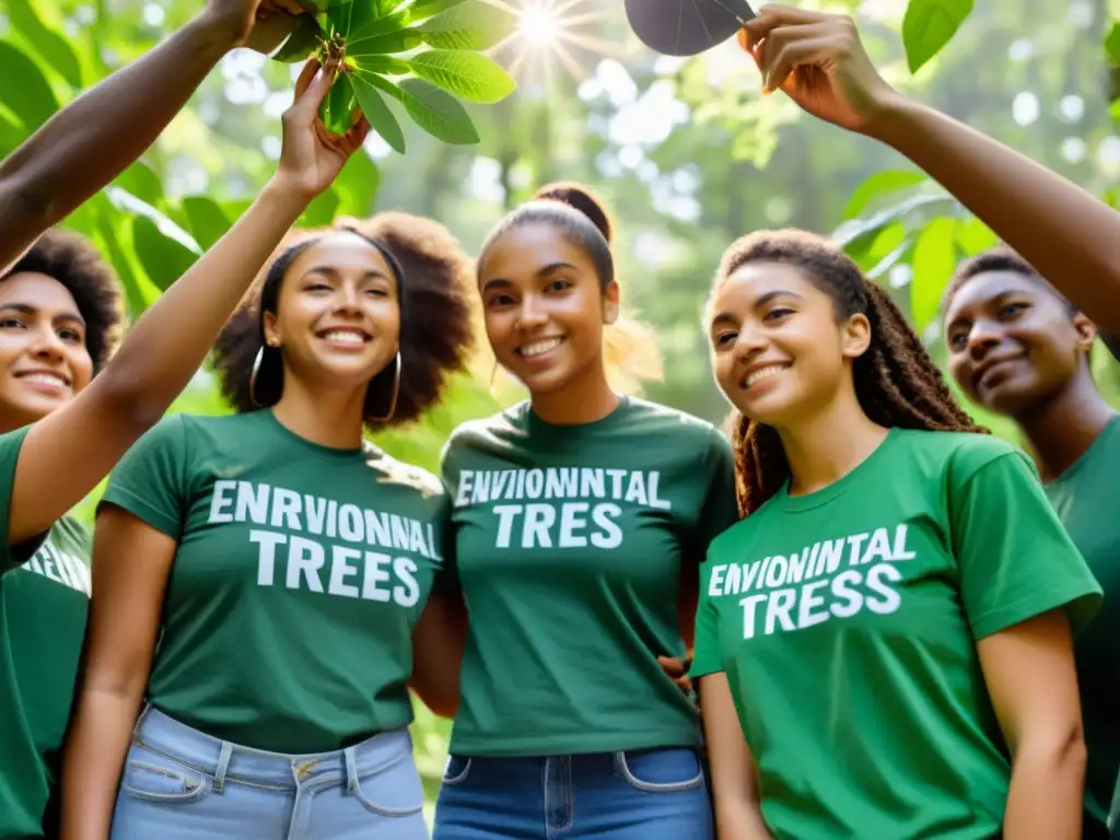 Jóvenes activistas plantan árboles en un bosque, uniendo sus manos, con camisetas verdes y consignas ambientales