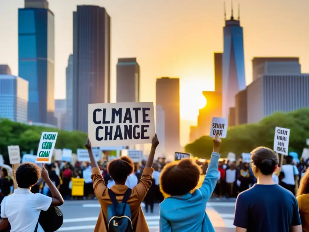 Jóvenes activistas sostienen carteles pintados a mano con mensajes sobre el cambio climático y la sostenibilidad, frente a una ciudad bulliciosa al atardecer