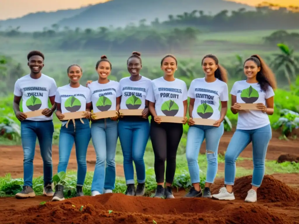 Jóvenes activistas con mensajes ecológicos plantan árboles en zona deforestada al atardecer