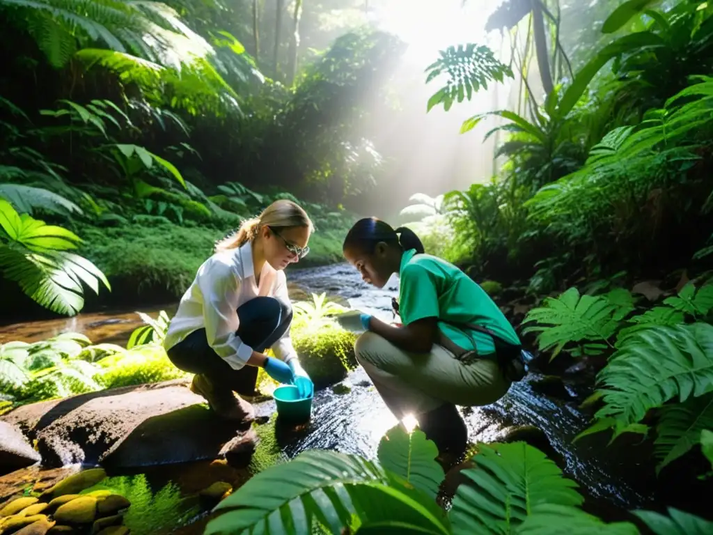 Jóvenes investigadores exploran un exuberante bosque, tomando muestras de suelo y agua